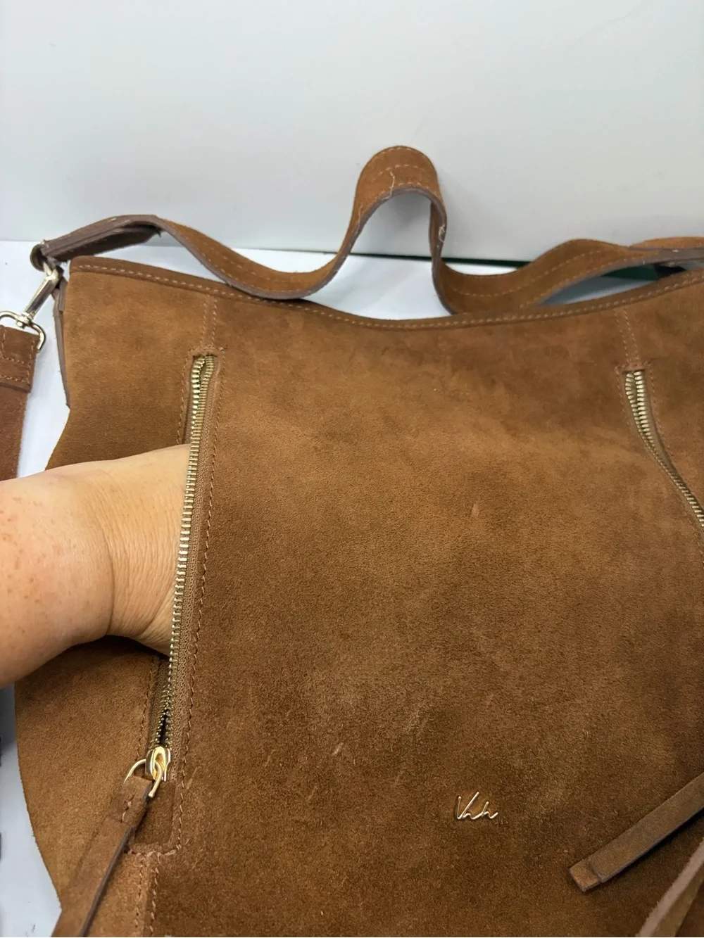 Cognac Brown Suede Leather Bohemian Hobo Crossbody Multi Gold Zipper Purse Bag